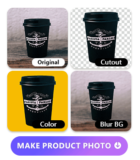 display a cup of coffee in 3 different product image backgrounds including transparent, colors and blurry background